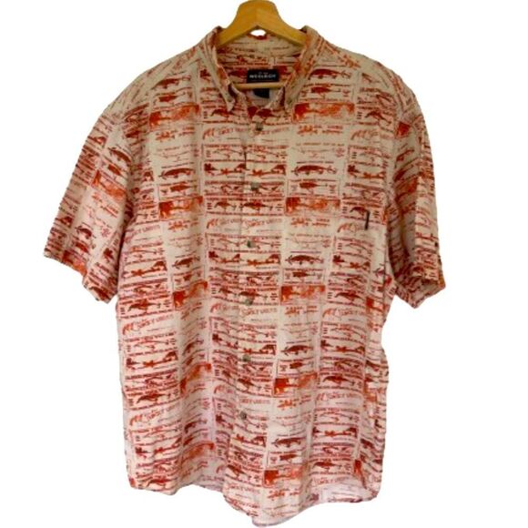 Vintage Woolrich Short Sleeve Button Down Fishing Lures Tan Rust Shirt Size L - Picture 1 of 11